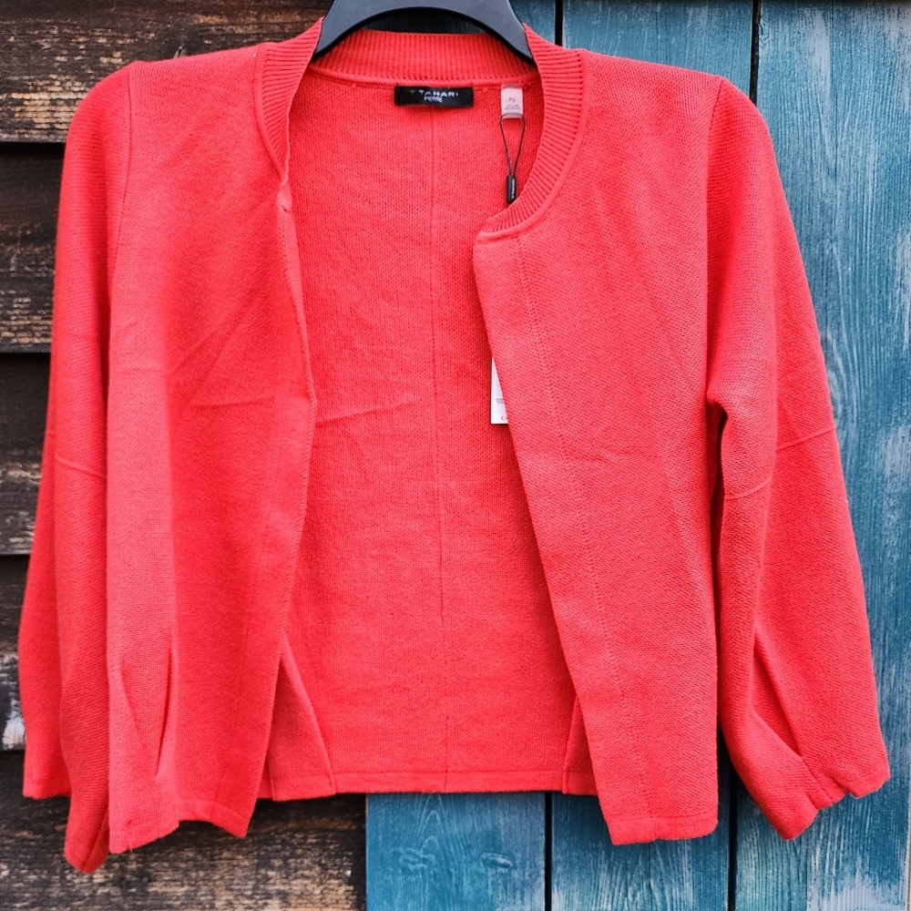 NWT Tahari Open Front Cardigan Balloon Sleeves Red PS